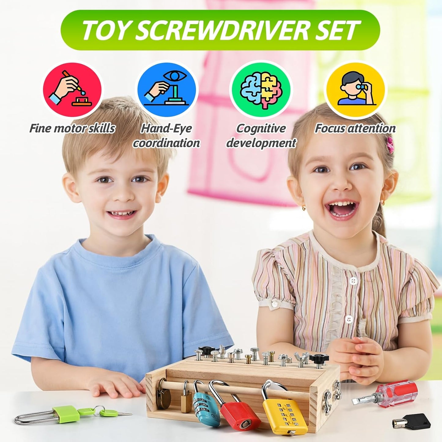 Montessori Screwdriver Board Set, Montessori Toys for 3 4 5 with 6 Locks and Keys, Toddler Screwdriver Toy, Kids Tool Set, Preschool Learning Sensory Toy, Fine Motor Skills Toys
