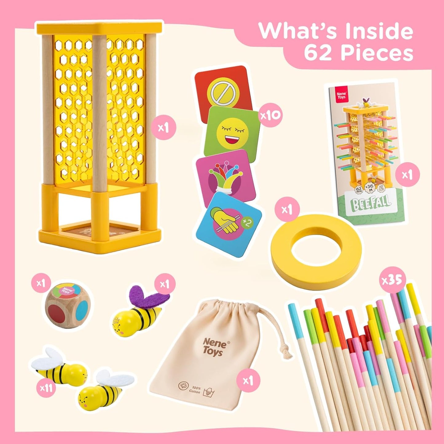 Nene Toys BeeFall Jumbo, 4-in-1 Wooden Honey Bee Toy for Kids Ages 3-9 - Educational Game with Wooden Honeybee Hive, 12 Bees, Colorful Sticks, Dice & Cards - Fun Family Game for Cognitive Development