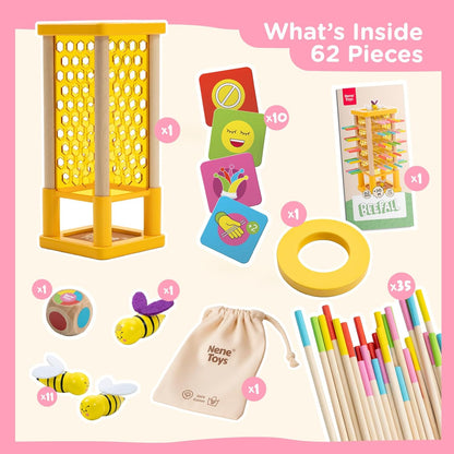 Nene Toys BeeFall Jumbo, 4-in-1 Wooden Honey Bee Toy for Kids Ages 3-9 - Educational Game with Wooden Honeybee Hive, 12 Bees, Colorful Sticks, Dice & Cards - Fun Family Game for Cognitive Development