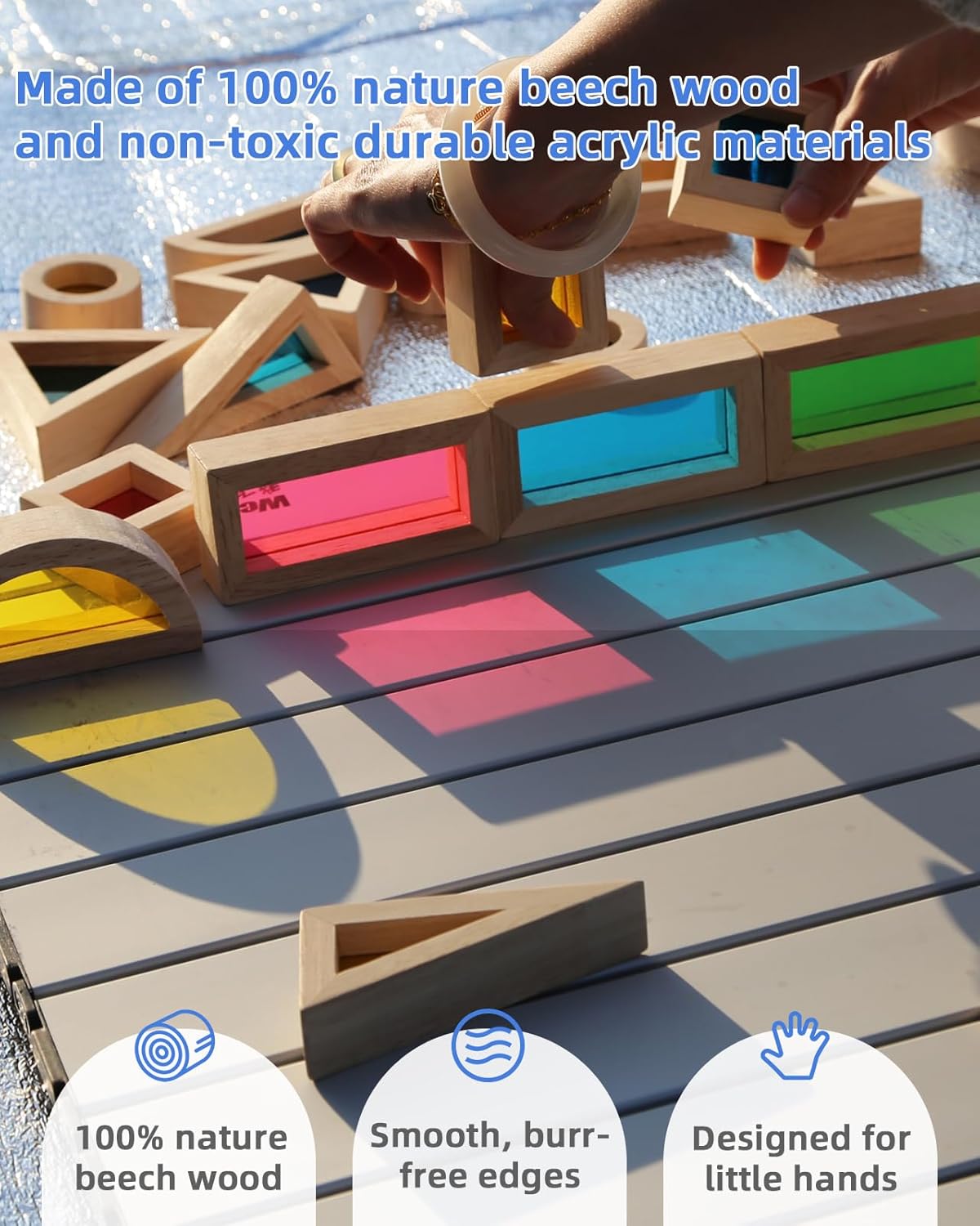 Wooden Building Blocks with Rainbow Acrylic Windows - 24pc Classic Montessori Stacking Set - Screen-Free Educational STEM Construction Toys for Toddlers Ages 18M+