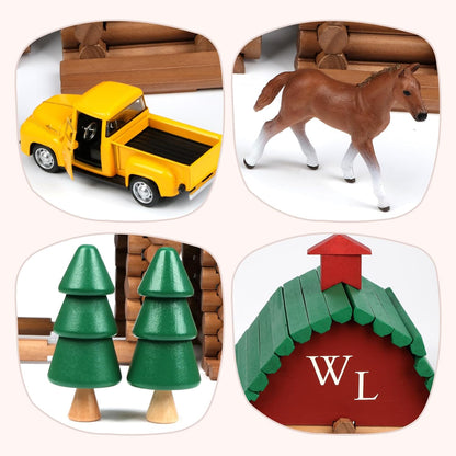 Wondertoys 208 Pcs Wooden Log Set - Classic Building Logs Ages 3+ - Best Retro Building Gift Set for Boys - Creative Construction Engineering Educational Gifts