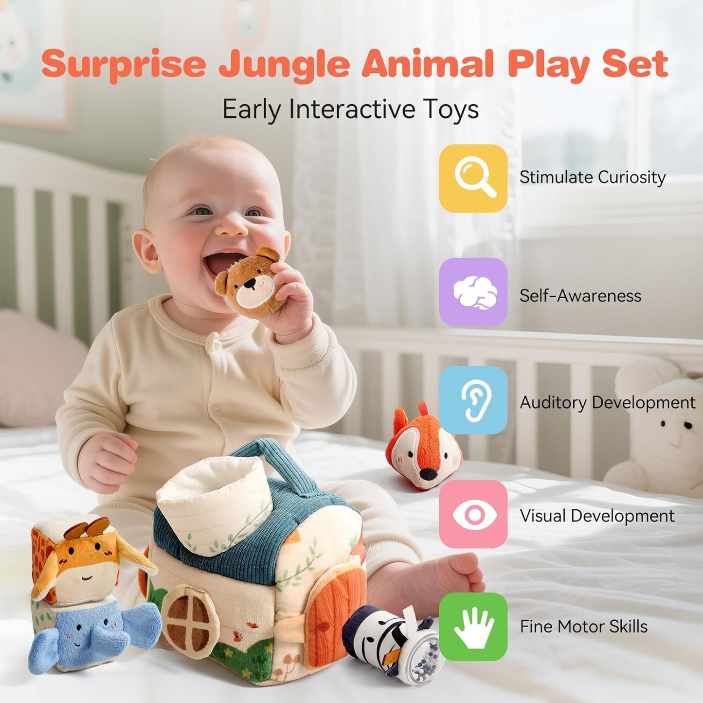 Youuys Travel Sensory Soft Barn Toys for Babies 6-12 Months & Toddlers 1-3 Year Old On-The-Go Montessori Stuffed Animal Plush Playset with Crinkle, Rattle, Safe Mirror Educational Gifts for Boy Girl