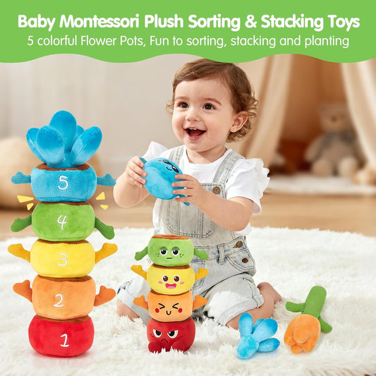 hahaland Montessori Toys for 1 Year Old, Plush Flower Garden Stacking & Sorting Toy for Toddlers 1-3, Color Matching Sensory Toy for Fine Motor Skills, Easter Basket Stuffers for Baby Boys Girls