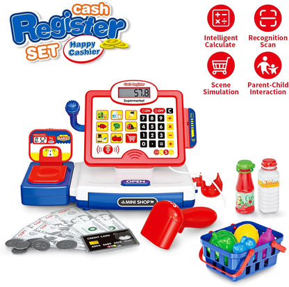 FS Pretend Play Cash Register Toy Preschool Gift for Kids, Classic Count Toy with Sound, Microphone, Scanner, Credit Card, Play Food for Boys & Girls, 57 Pieces Play Set, Ages 3 4 5 6 7, Purple