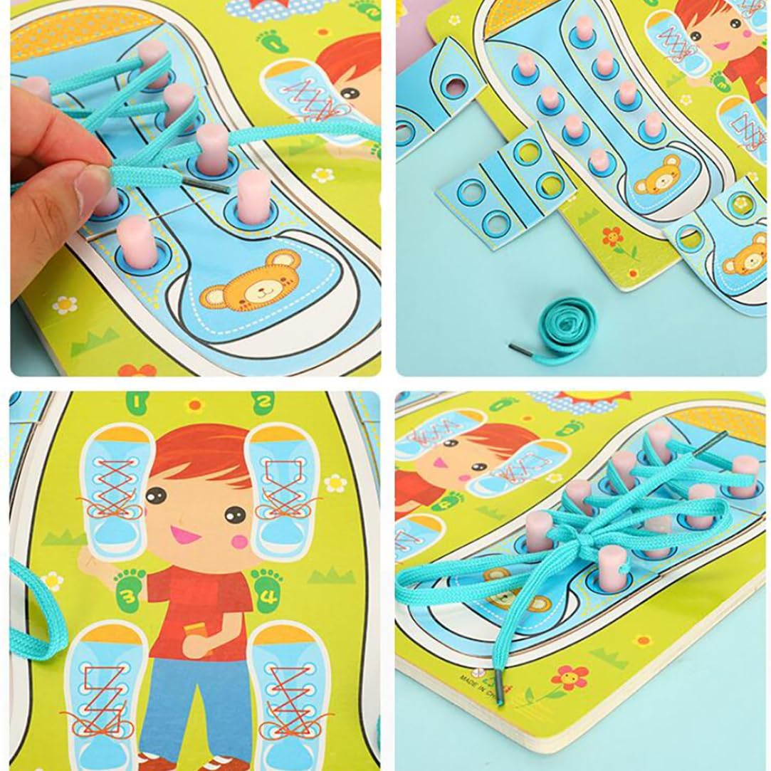 Shoe Tying Teaching Kit 1PC Kids Wood Shoe Lace Lacing Sneaker Board Learn to Tie A Shoe Practice Fine Motor Skills for Kids Ages 3 and Up(Blue)
