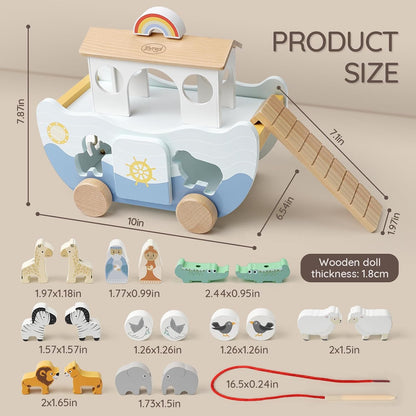 Joyreal Pink Wooden Noah's Ark Toy for 1 Year Old Baby Girl Baptism Gift - Montessori Educational Toy with Animal Shape Sorter - Christian Toys for Toddler Boy 1-3 Years Old Christmas Birthday Gift
