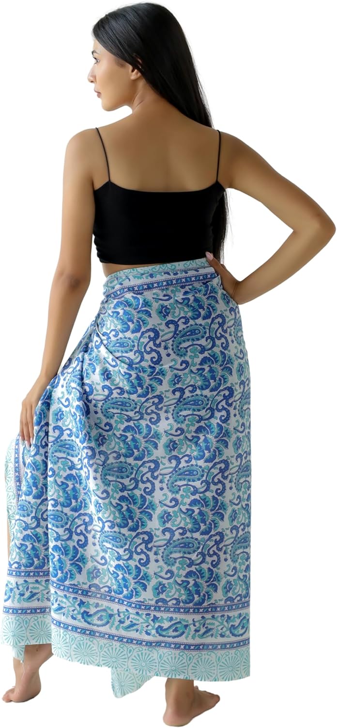 100% Cotton Sarong Cover Up for Women Indian Block Print Beach Wrap Skirt Long Boho Swimsuit Bikini Pareo (73” x 43”)