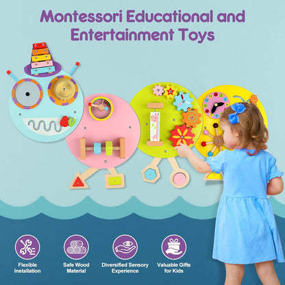 Rainbow Wall Busy Board for Kids: Wooden Montessori Activity Panel | 13-in-1 Sensory Learning Toys for Fine Motor Skills - Playroom & Nursery Essentials for Toddlers