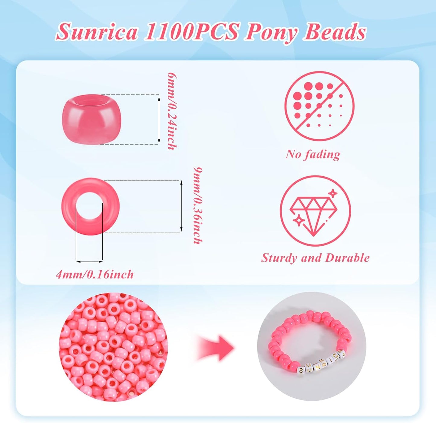 1100Pcs Red Pony Beads 6x9mm Large Hole Plastic Hair Beads for Braids, Kandi Bracelets, Keychains, Jewelry Making
