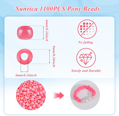 1100Pcs Red Pony Beads 6x9mm Large Hole Plastic Hair Beads for Braids, Kandi Bracelets, Keychains, Jewelry Making