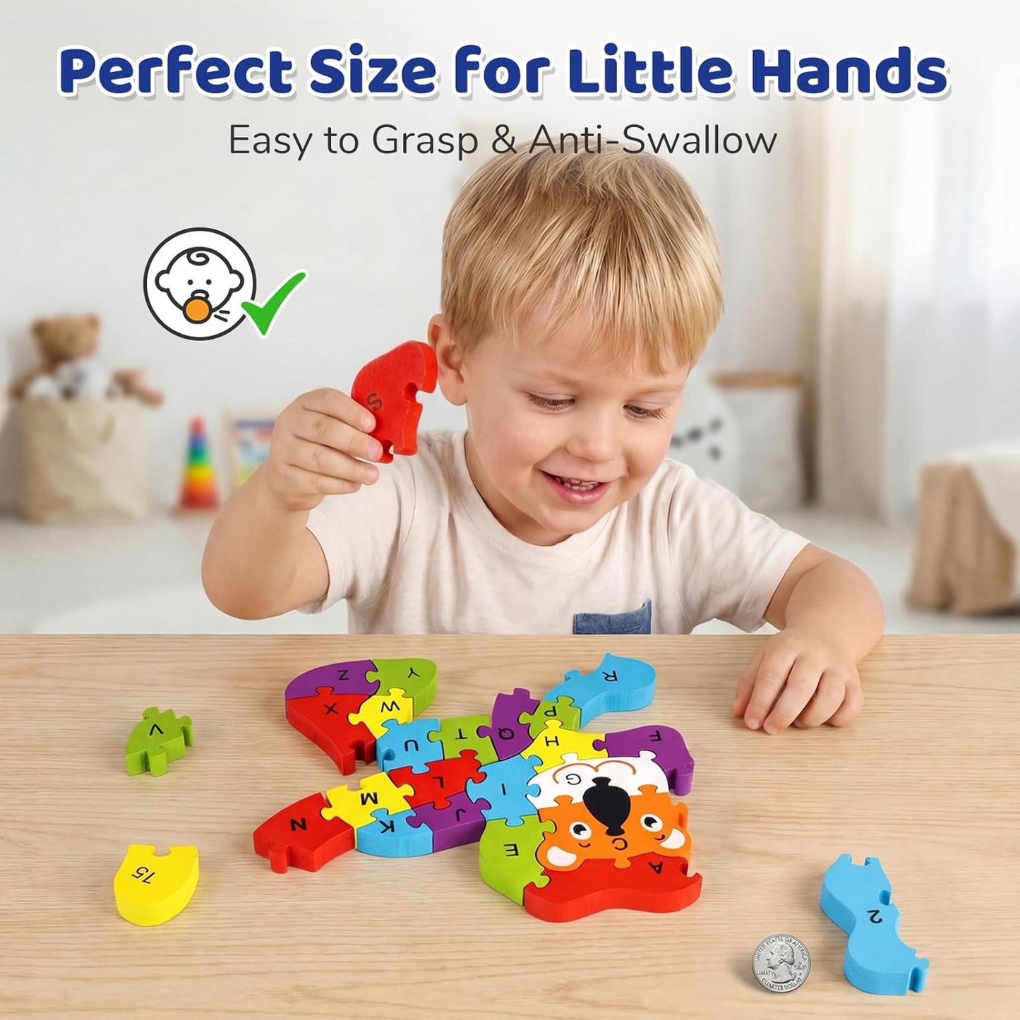 LovesTown Wooden Puzzles for Kids, Double Sided Giraffe Jigsaw with Alphabet & Numbers, Montessori Educational Toy for Toddlers, Chunky Animal Gift