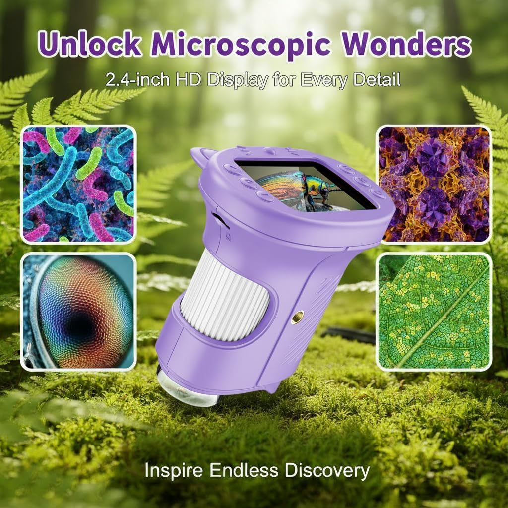 Kids Microscope, 1000X Portable Mini Pocket Microscope with 2.4″ IPS Screen & 8 LEDs, Rechargeable, STEM Educational Science Kit Toys, Best Christmas Birthday Gifts for 4-12 Year Old Girls