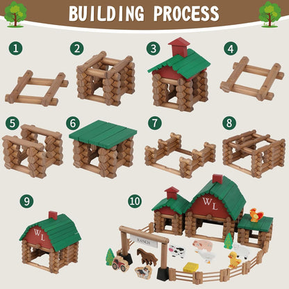 Wondertoys 208 Pcs Wooden Log Set - Classic Building Logs Ages 3+ - Best Retro Building Gift Set for Boys - Creative Construction Engineering Educational Gifts