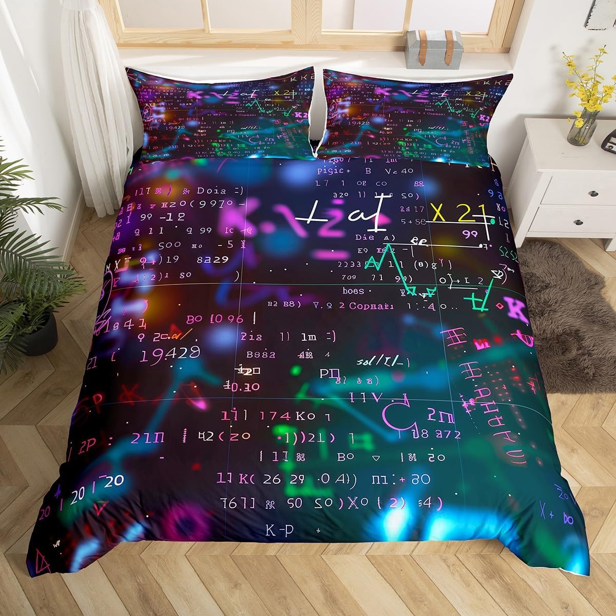 Erosebridal Chemistry Bedding Set Chemical Equation Comforter Cover for Kids Boys,Science Students Duvet Cover Test Tube Microscope Chemical Equipment Bed Set Full,Science Educational Dorm Room Decor