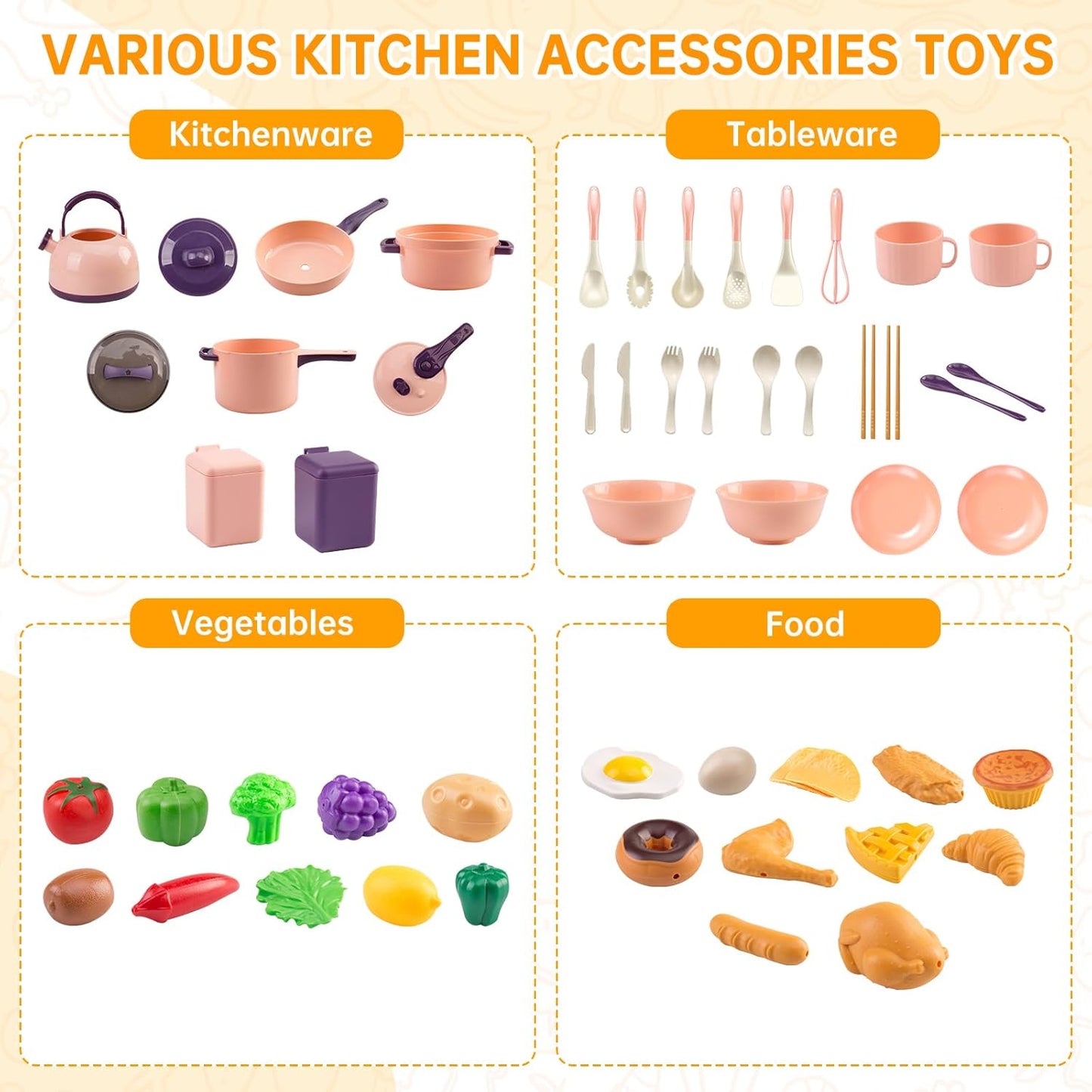 60Pcs Kids Mini Play Kitchen Accessories, Pretend Cooking Play Set with Cookware, Tableware & Fruit & BBQ Sets, Learning Gift for Boys, Girls, Toddlers,Yellow