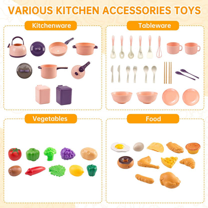 60Pcs Kids Mini Play Kitchen Accessories, Pretend Cooking Play Set with Cookware, Tableware & Fruit & BBQ Sets, Learning Gift for Boys, Girls, Toddlers,Yellow