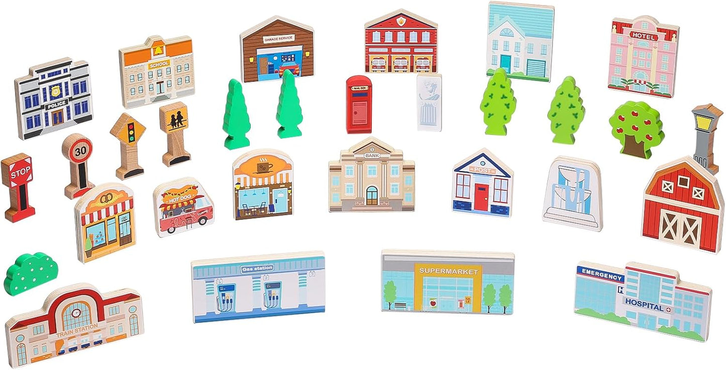 SainSmart Jr. 30 Pcs Wooden Town Play Set, Wooden Train Accessories, Community Helpers Toys for Preschool Learning | Includes Buildings, Traffic Signs and Trees | Gift for Boys and Girls