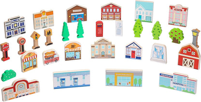SainSmart Jr. 30 Pcs Wooden Town Play Set, Wooden Train Accessories, Community Helpers Toys for Preschool Learning | Includes Buildings, Traffic Signs and Trees | Gift for Boys and Girls