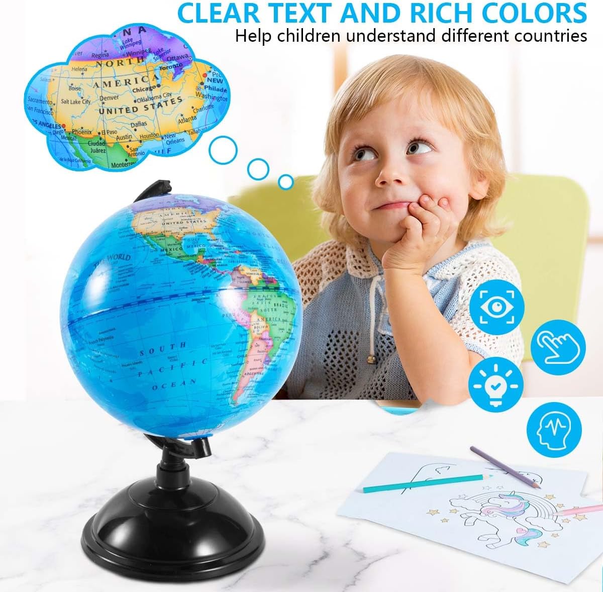 KISEER 8 Inch World Globe with Stand Rotating Earth Spinning Globe for Kids Geography Classroom Education or Decorations (Blue)