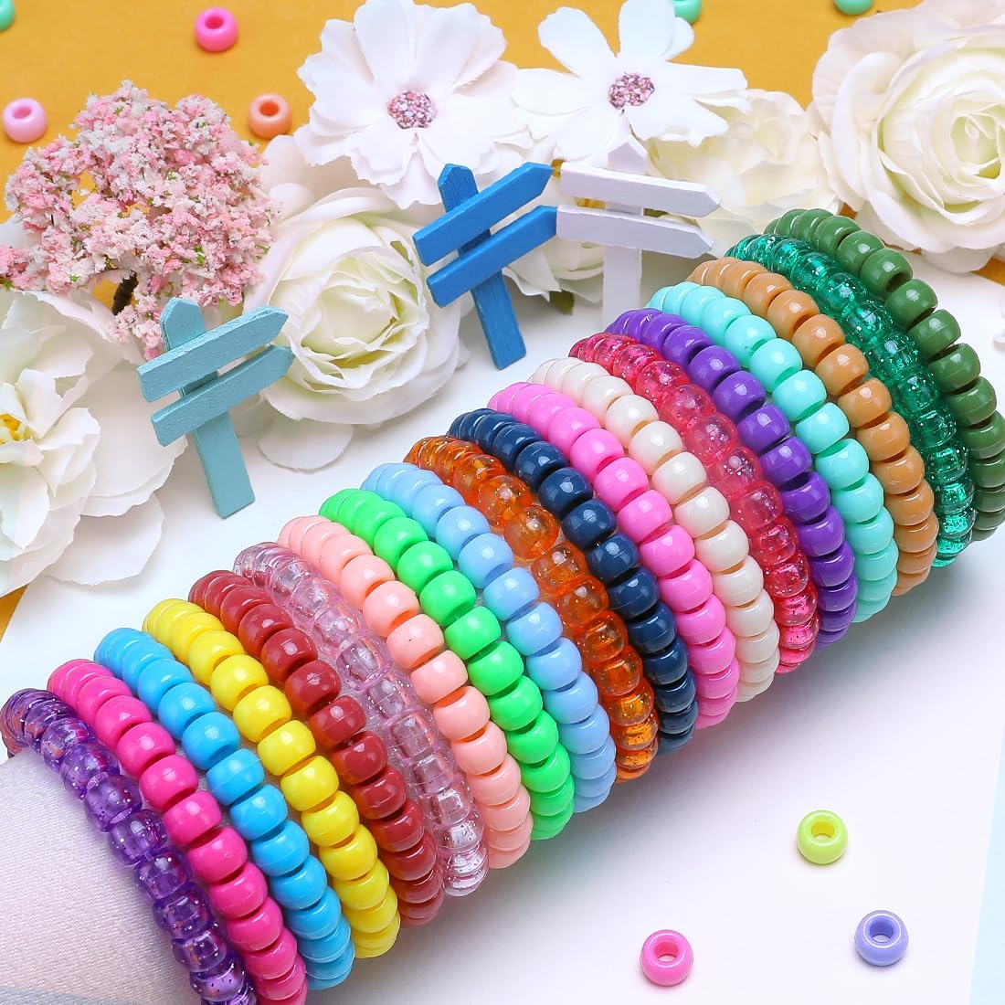 1200pcs Pony Beads Bulk – 11 Colors 6x9mm Plastic Craft Beads for Bracelets, Jewelry, Hair Braiding & DIY Projects