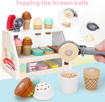 ZJEFUNS Wooden Ice Cream Toys for Kids Ice Cream Counter Shop for Toddlers Pretend Play Food Scoop and Serve with Scoop & Menu & Fake Money for Boys and Girls Ages 3 4 5 6 (Beige)