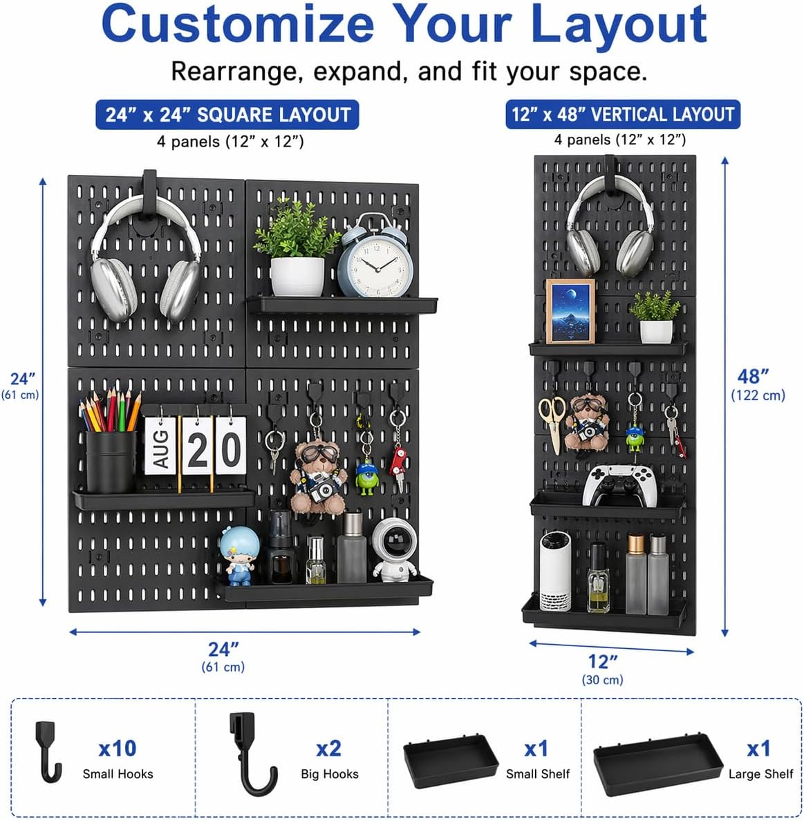 Pegboard Wall Organizer Kit – Heavy Duty 20lbs Load Bearing, Easy Installation, 4 Peg Board Panels 14 Accessories – Multi-Surface Use For Garage, Office, Kitchen & Crafts (White Pegboard,24″×24″)