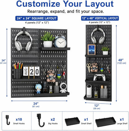 Pegboard Wall Organizer Kit – Heavy Duty 20lbs Load Bearing, Easy Installation, 4 Peg Board Panels 14 Accessories – Multi-Surface Use For Garage, Office, Kitchen & Crafts (White Pegboard,24″×24″)