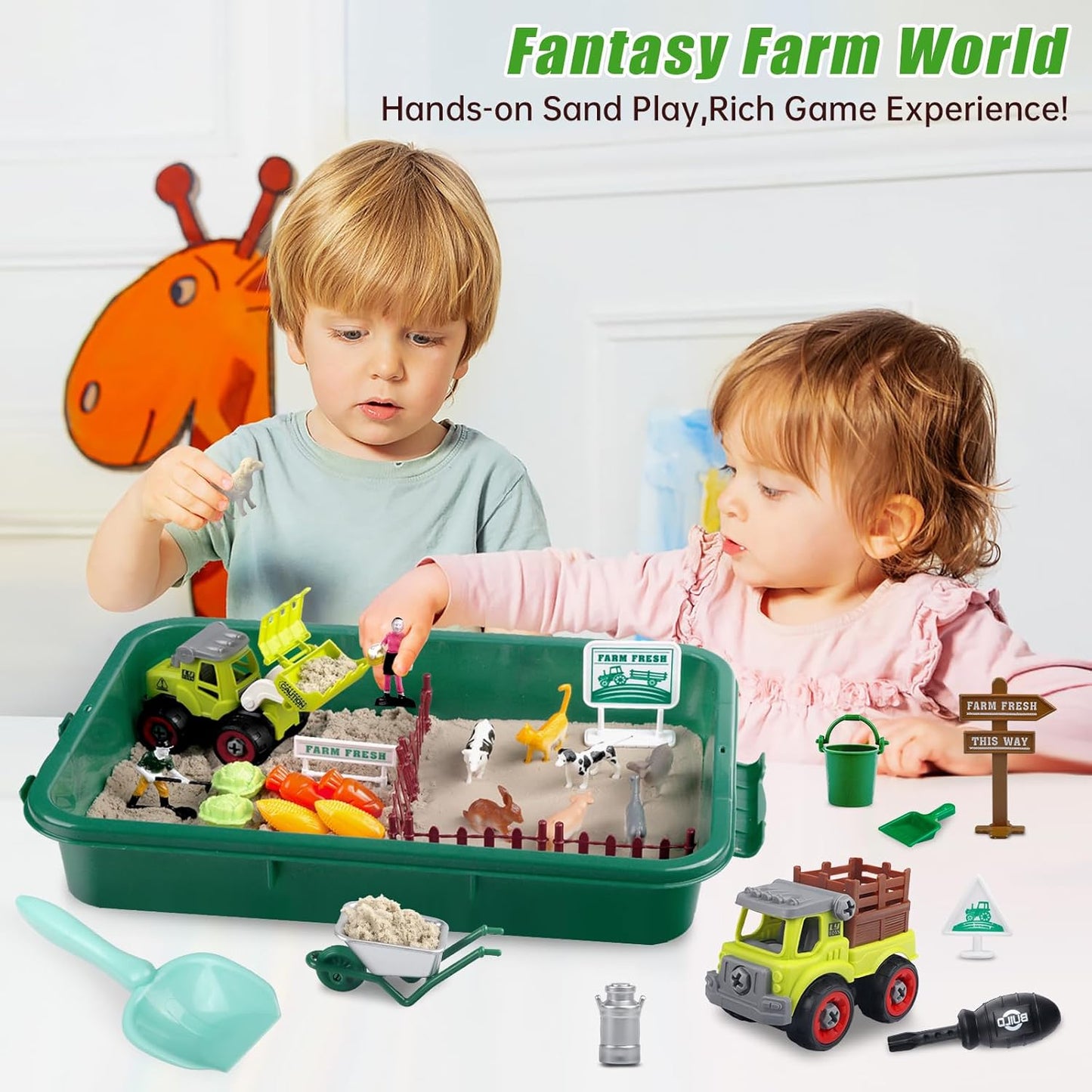 Aliex Farm Sensory Bin, Farm Sensory Kits Toy with 2.2lbs Play Sand, 31pcs Animals Trucks Creativity Magic Sand Box with Lid, Christmas Birthday Gift for Boys Kids Toddlers Ages 3 4 5 6 7 8