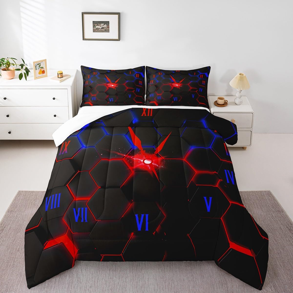 Castle Fairy Drum Kit Comforter Set,Musical Instruments Bedding Set for Kids Girls Women,Adults Rock Music Comforter,Neon Lighting Quilted Duvet Set Bedroom Collection Twin Size 2Pcs