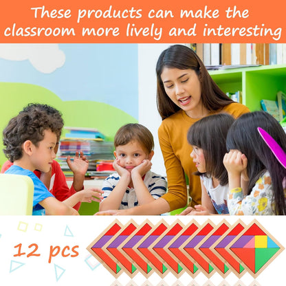 Meooeck 12 Pack Tangrams Wooden Puzzles Tangrams Set f Shape Puzzles Brain Logic Blocks for Games Educational Gifts for Adults Students(Notch Style)
