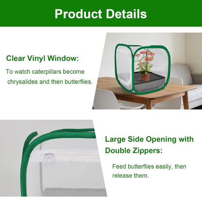 Butterfly & Insect Habitat Cage 24" x 24" x 36", Extra Large Butterfly Enclosure with Poop Tray for Easy to Clean, Pop-up Caterpillars Mesh Cage Terrarium with Sunshade Top for Outdoor.