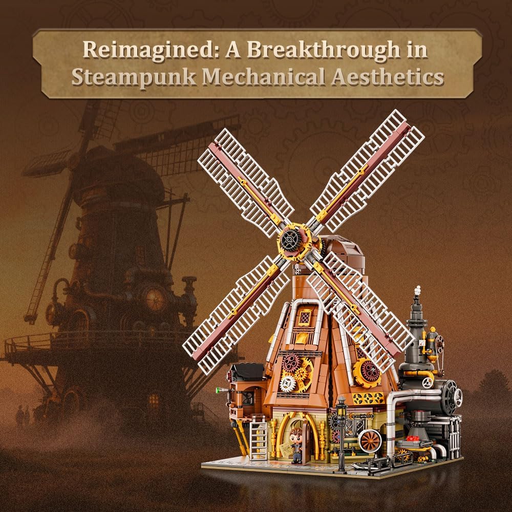 PANTASY Steampunk Windmill Workshop Building Set - Dutch Windmill Architecture with Mechanical Drive with Motorized Rotating Blades,Gear Details,and Openable Wall - Collectible Display Kit for Adults