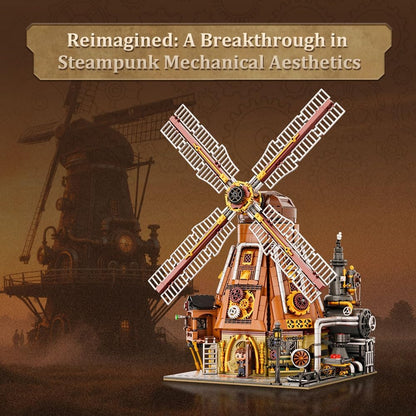 PANTASY Steampunk Windmill Workshop Building Set - Dutch Windmill Architecture with Mechanical Drive with Motorized Rotating Blades,Gear Details,and Openable Wall - Collectible Display Kit for Adults