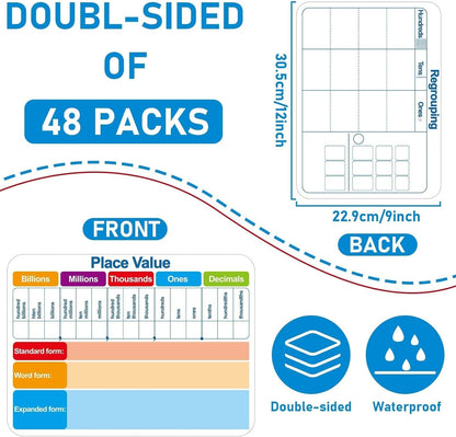 48Pcs Place Value Double Sided Cardboard for Students Dry Erase Sheets Billions to Decimal Numbers Whiteboard Math Regroups Manipulatives Supplies for Teacher Teaching Tool Portable Learning 12" x 9"