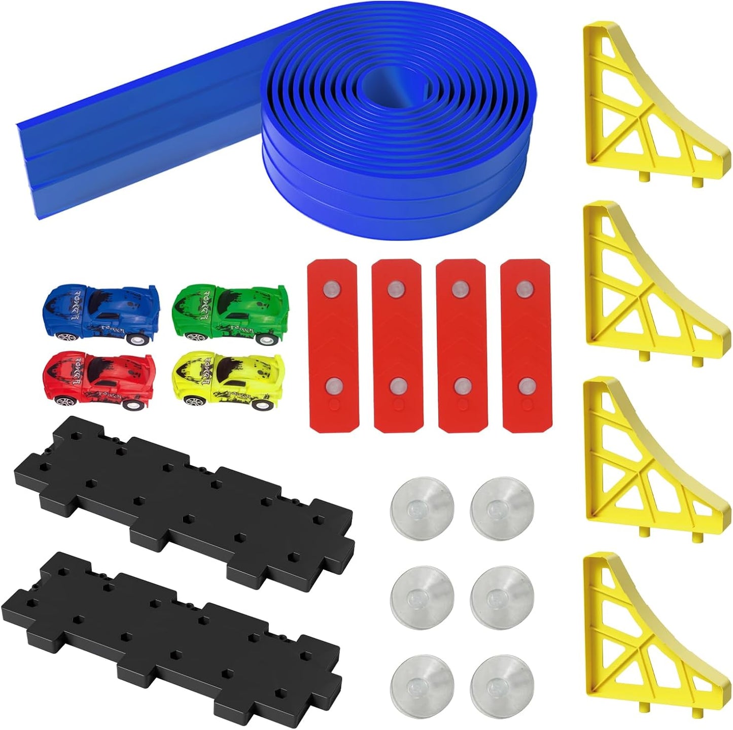 16.5ft Build Anywhere Portable Race Track with Suction Cups - Flexible Roll-Up Design Fits 1/64 Scale Cars, Portable Toy Gift for Kids 4+ Year Old (3 Tracks/Red)