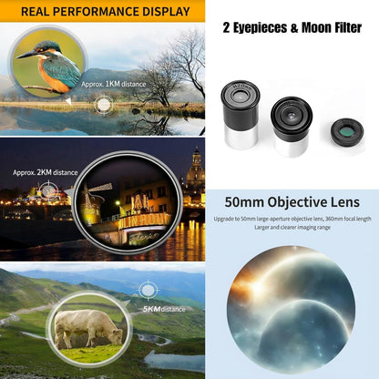 Telescope for Kids 8–12, Beginner Kids Telescope 50mm Aperture with Tripod, 2 Eyepieces & Finder Scope, 100x Magnification, STEM Educational Gift for Boys & Girls, Blue