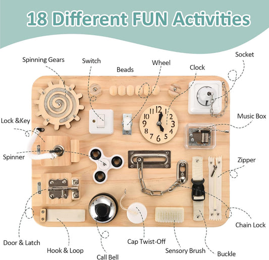 Wooden Busy Board for Toddlers - Montessori Sensory Activity Board for Fine Motor Skills and Early Learning - Travel Toys for Kids - Sensory Toys for autism or ADHD - Ideal for Educational Gifts