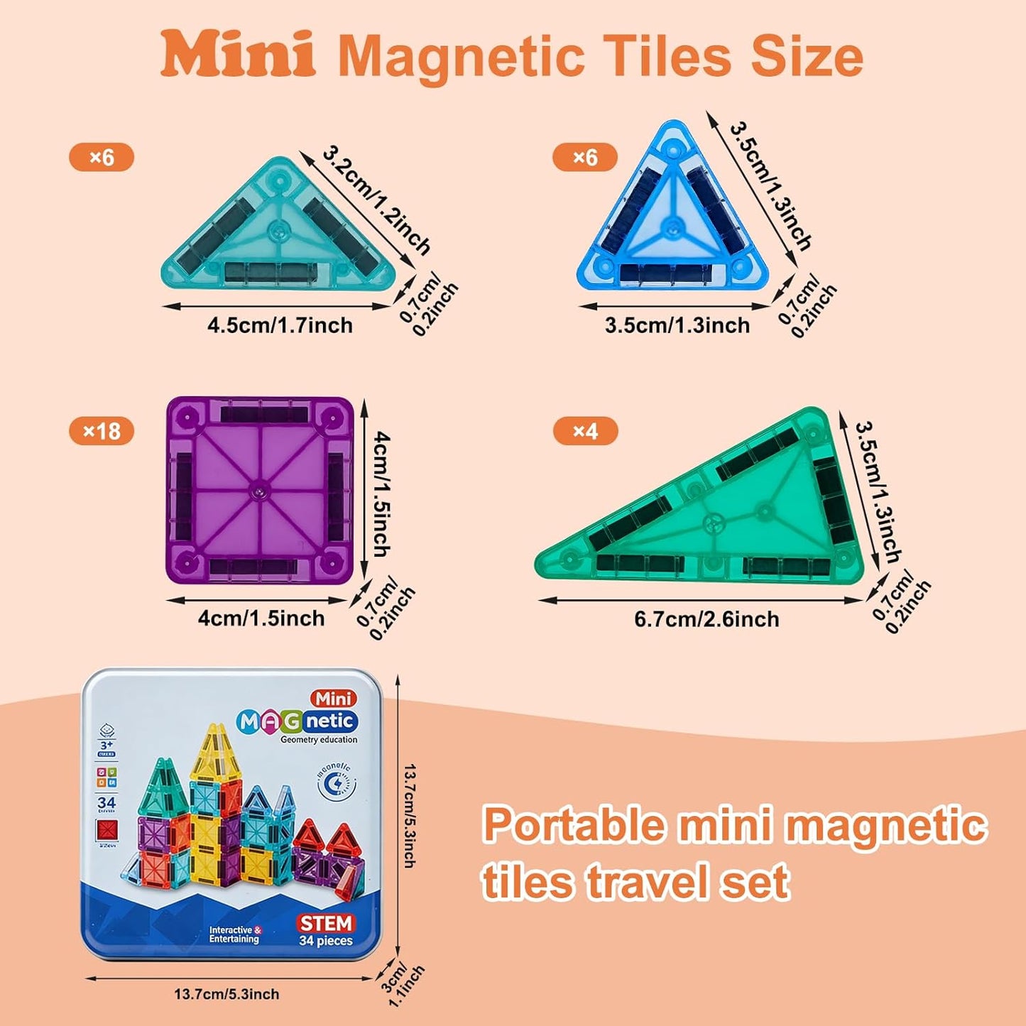 Mini Magnetic Tiles,34 PCS Magnetic Blocks with Metal Storage Box,Magnetic Building Tiles ,STEM Educational Travel Magnetic Tiles,Toddler Magnetic Toys for Kids Boys Girls Christmas Birthday Gifts