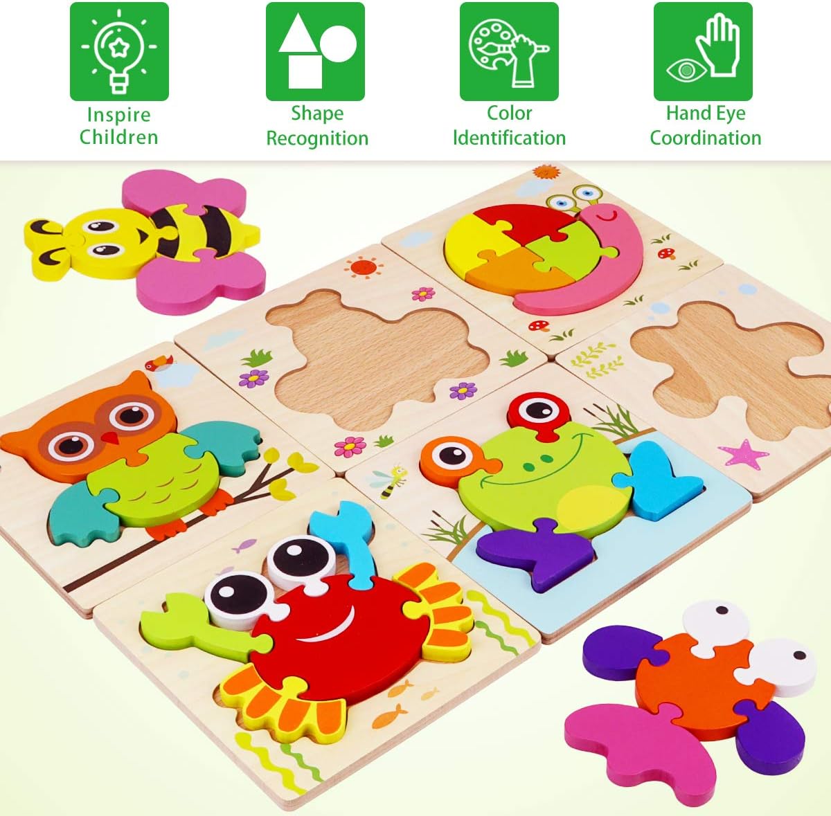 Dreampark Wooden Puzzles for Toddlers Ages 1-3, Montessori Toys for 1 2 3 Years Old Girls Boys Baby Kids Puzzle Learning Educational Christmas Birthday Gifts Toys 6 Pack Animal Jigsaw Puzzle