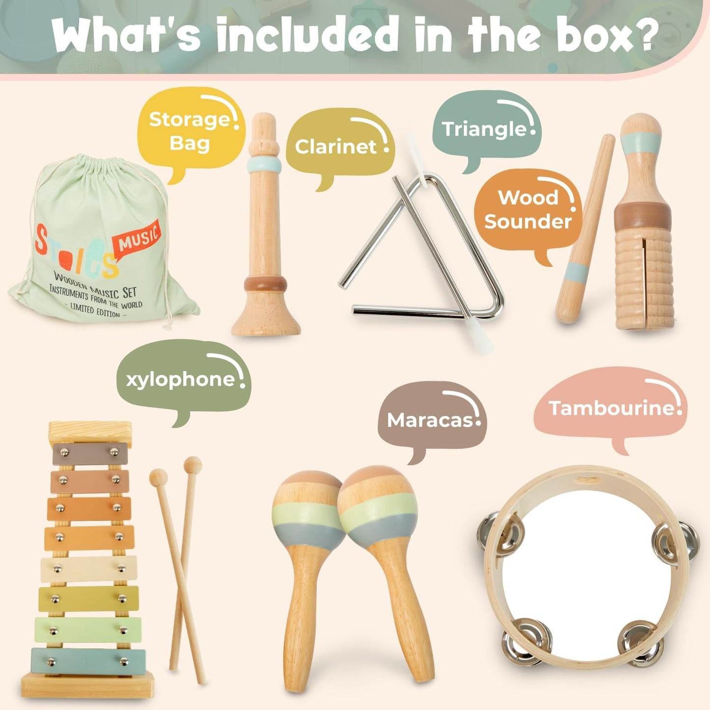 Stoie's Wooden Toddler Musical Instruments with Drum, Hand Bells, Flute, Maracas, Castanet, Tamburine, for Babies and Kids, Eco Friendly Montessori Educational Toy