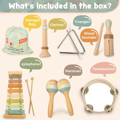 Stoie's Wooden Toddler Musical Instruments with Drum, Hand Bells, Flute, Maracas, Castanet, Tamburine, for Babies and Kids, Eco Friendly Montessori Educational Toy
