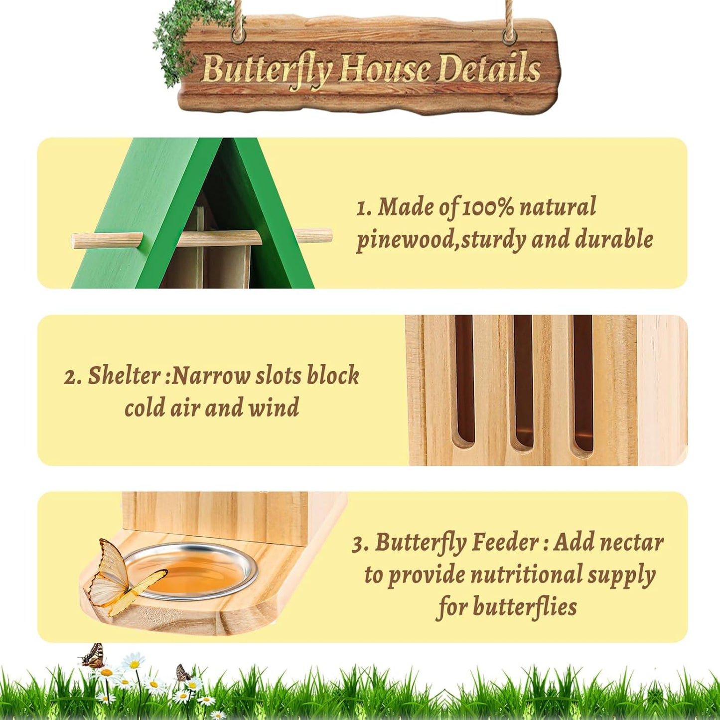 New Butterfly House and Feeder for Outside, Wooden Butterfly House with Metal Stake for Garden, Natural Butterfly Habitat with Butterfly Puddler on The Floor or Hanging on Tree Wall