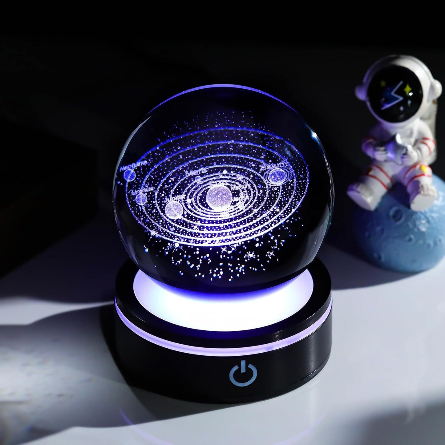 YWHL 3D Solar System Crystal Ball 80mm with Light Base, Laser Engraved Glass Planet Solar System Model Sphere Night Light Decor Space Universe Astronomy Gifts for Women Men Teens Boys and Girls