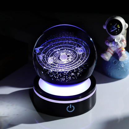YWHL 3D Solar System Crystal Ball 80mm with Light Base, Laser Engraved Glass Planet Solar System Model Sphere Night Light Decor Space Universe Astronomy Gifts for Women Men Teens Boys and Girls