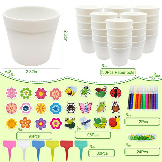 Cinrobiye 30 Set Flower Pot Craft Kit, DIY Flower Pots for Crafts with Stickers Pens Plant Tags, Spring Arts and Crafts Classroom Party Gardening Activity Supplies（Big）
