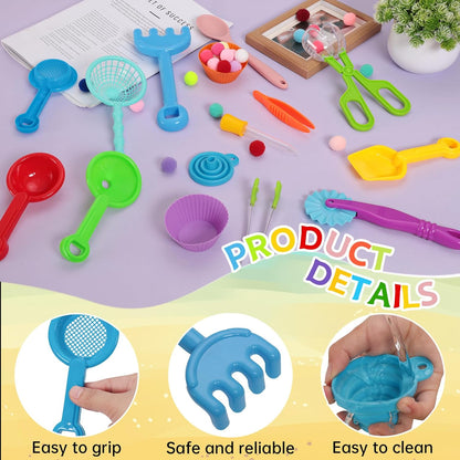 16 Pieces Sensory Bin Filler Plastic Sensory Bin Tools Fine Motor Skills Handy Scooper Set with 6 Scoops Beach Shovel Scissor Clip Tweezers Silicone Tong Funnel Dropper Sorting Bowls