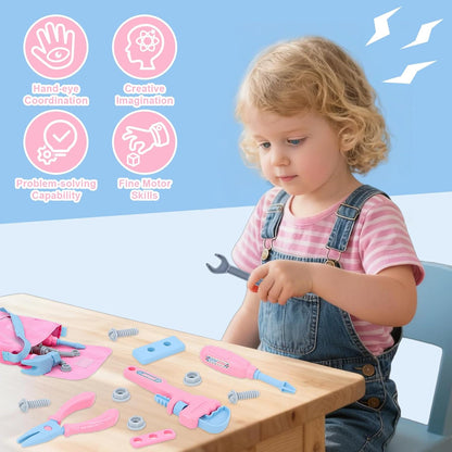 Kids Tool Set, 48PCS Toddler Tool Set with Electronic Toy Drill & Kids Tape Measure,Pretend Play Construction Toys Costume with Kids Tool Belt & Gloves,Toy Tools Box for Girl Boy Ages 3-8