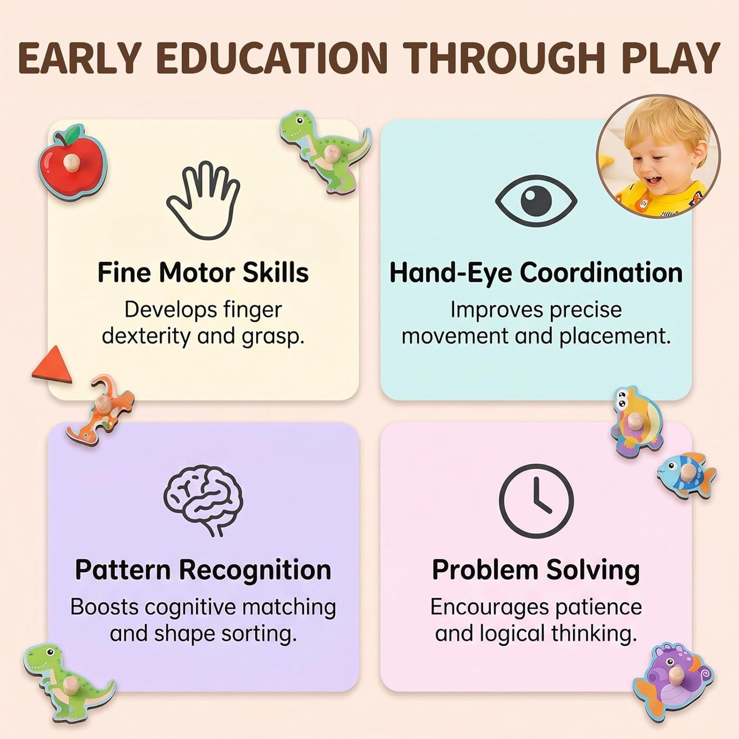 LovesTown Wooden Peg Puzzles Learning Toys Montessori Educational Knob Puzzle with Handles for Toddlers Preschool Kids 4 PCS
