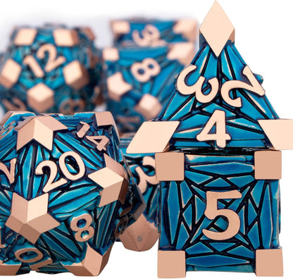 7PCS Metal DND Dice Set with Box, Debris RPG Blue White D and D Dice for D&D Tabletop Games Role Playing Game Polyhedral Dice Set D20 D12 D10 D8 D6 D4