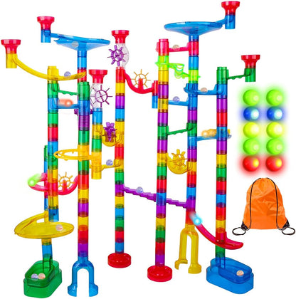 Meland Marble Run - 132Pcs Marble Maze Game Building Toy for Kid, Marble Track Race Set & STEM Learning Toys for Boy Girl Age 3 4 5 6 7 8 9+ (102 Translucent Marbulous Pcs & 30 Glass Marbles)
